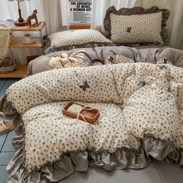 91家纺网 家纺一手货源 找家纺 2026新款泡芙纱花边四件套 碟舞