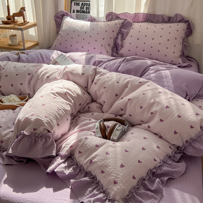 91家纺网 家纺一手货源 找家纺 2026新款泡芙纱花边四件套 紫爱心