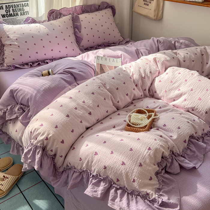 91家纺网 家纺一手货源 找家纺 2026新款泡芙纱花边四件套 紫爱心