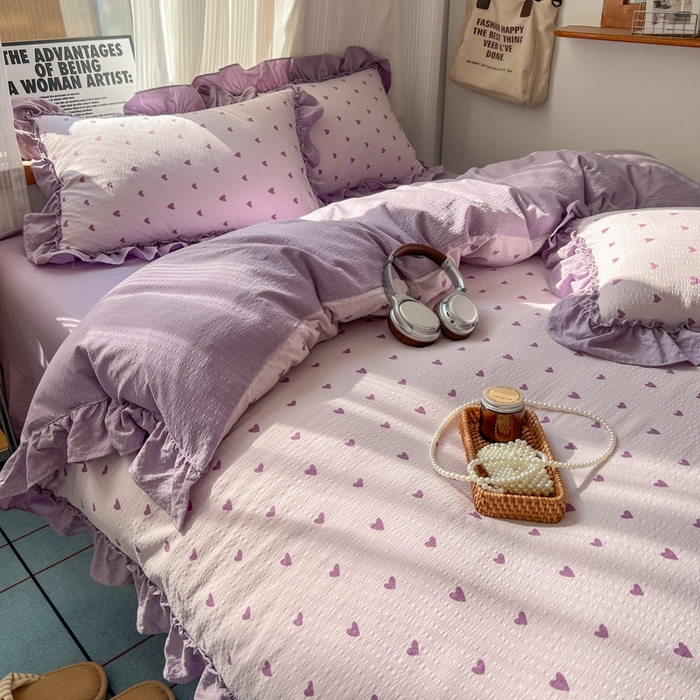 91家纺网 家纺一手货源 找家纺 2026新款泡芙纱花边四件套 紫爱心