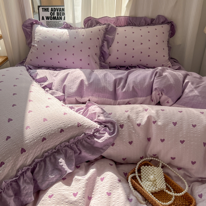 91家纺网 家纺一手货源 找家纺 2026新款泡芙纱花边四件套 紫爱心