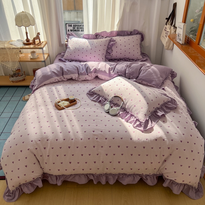 91家纺网 家纺一手货源 找家纺 2026新款泡芙纱花边四件套 紫爱心