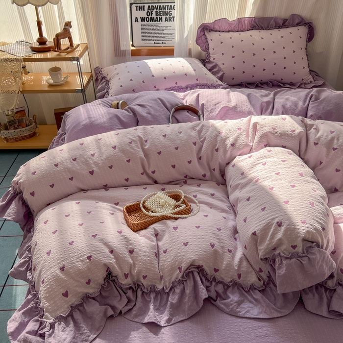 91家纺网 家纺一手货源 找家纺 2026新款泡芙纱花边四件套 紫爱心