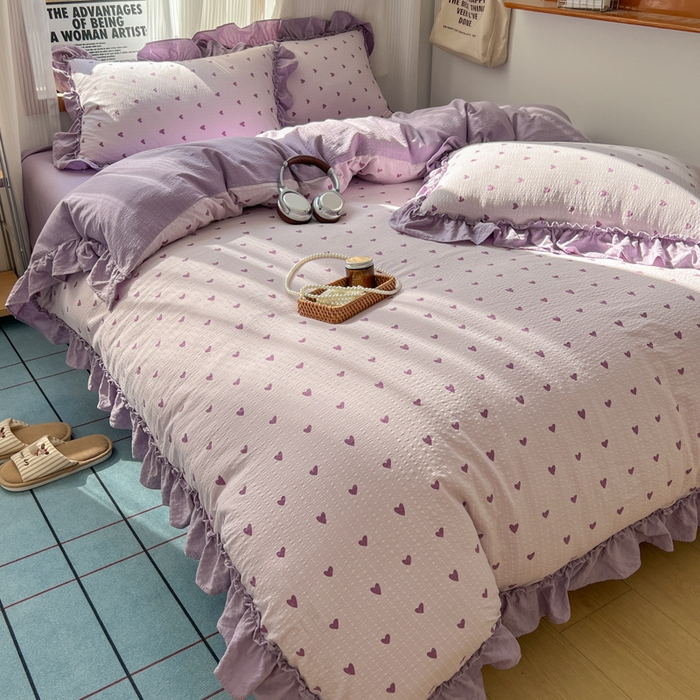 91家纺网 家纺一手货源 找家纺 2026新款泡芙纱花边四件套 紫爱心