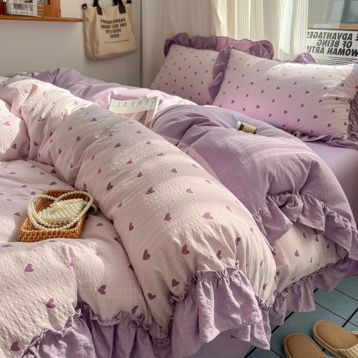 91家纺网 家纺一手货源 找家纺 2026新款泡芙纱花边四件套 紫爱心