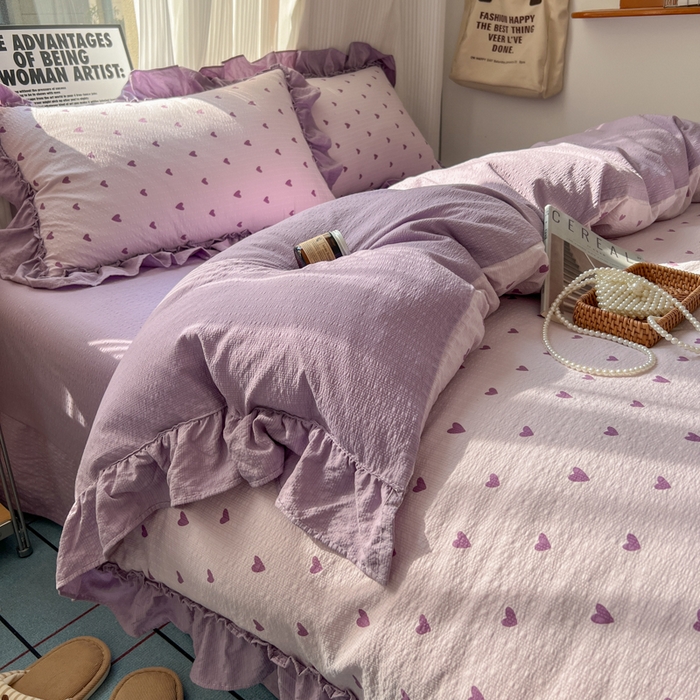 91家纺网 家纺一手货源 找家纺 2026新款泡芙纱花边四件套 紫爱心