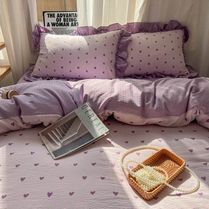 91家纺网 家纺一手货源 找家纺 2026新款泡芙纱花边四件套 紫爱心