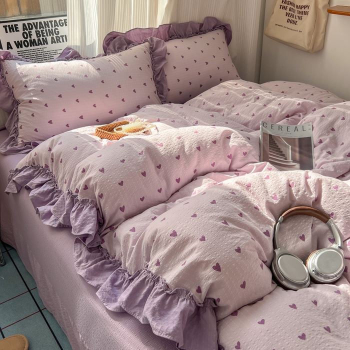 91家纺网 家纺一手货源 找家纺 2026新款泡芙纱花边四件套 紫爱心