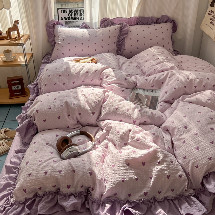 91家纺网 家纺一手货源 找家纺 2026新款泡芙纱花边四件套 紫爱心