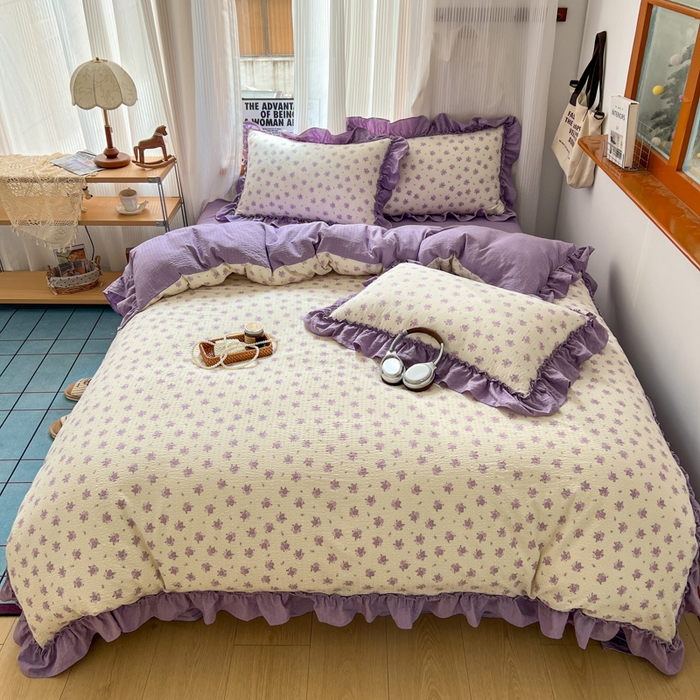 91家纺网 家纺一手货源 找家纺 2026新款泡芙纱花边四件套 紫苏