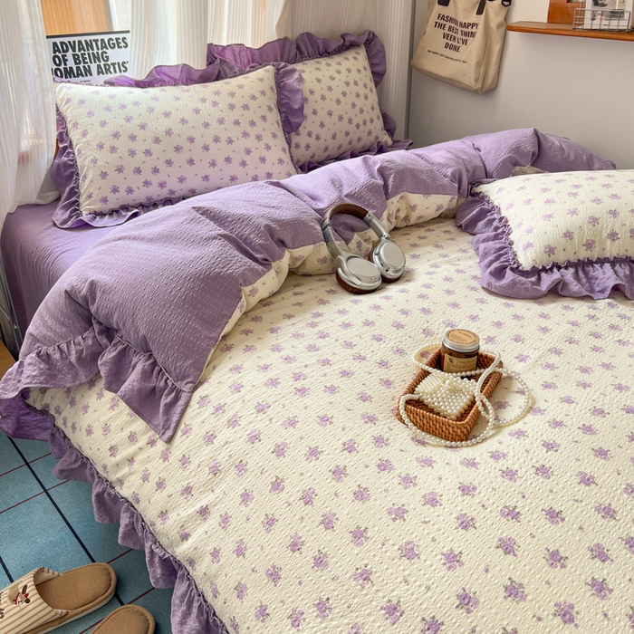 91家纺网 家纺一手货源 找家纺 2026新款泡芙纱花边四件套 紫苏