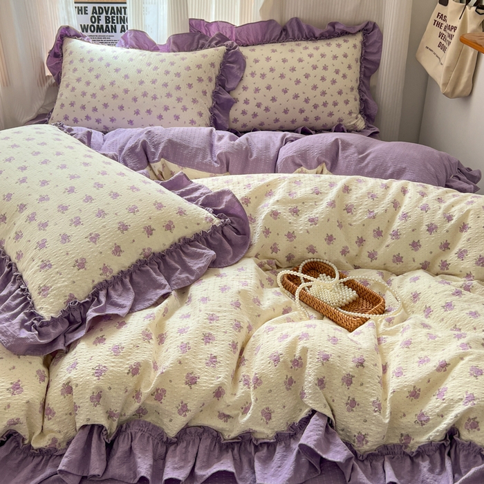 91家纺网 家纺一手货源 找家纺 2026新款泡芙纱花边四件套 紫苏