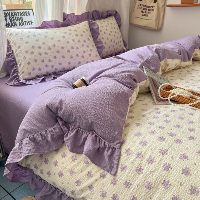 91家纺网 家纺一手货源 找家纺 2026新款泡芙纱花边四件套 紫苏