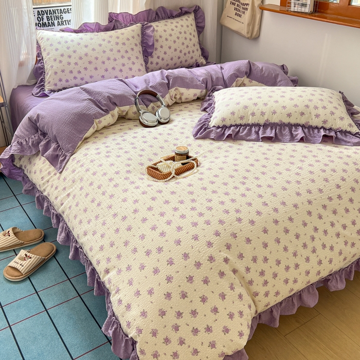 91家纺网 家纺一手货源 找家纺 2026新款泡芙纱花边四件套 紫苏