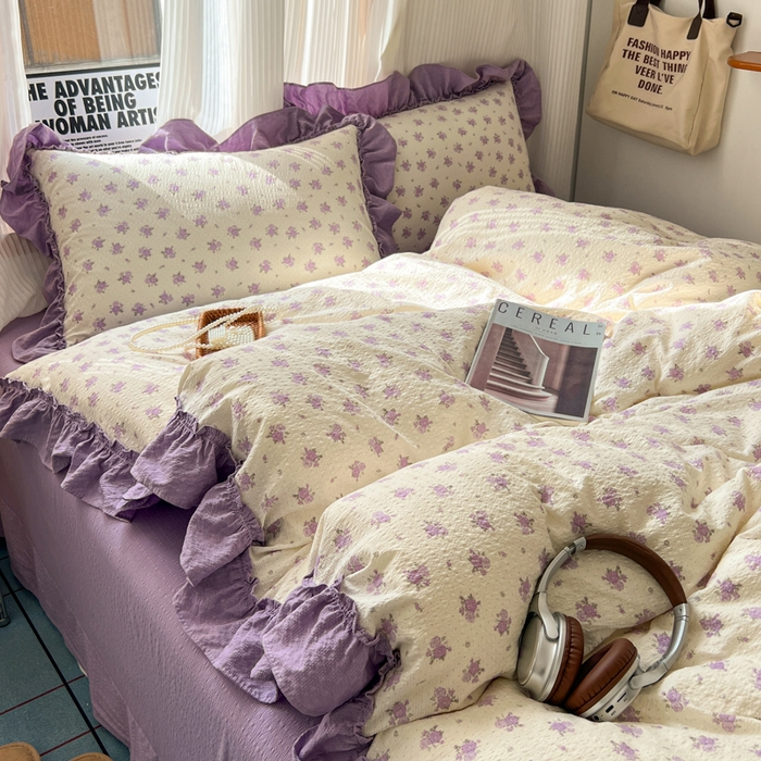 91家纺网 家纺一手货源 找家纺 2026新款泡芙纱花边四件套 紫苏