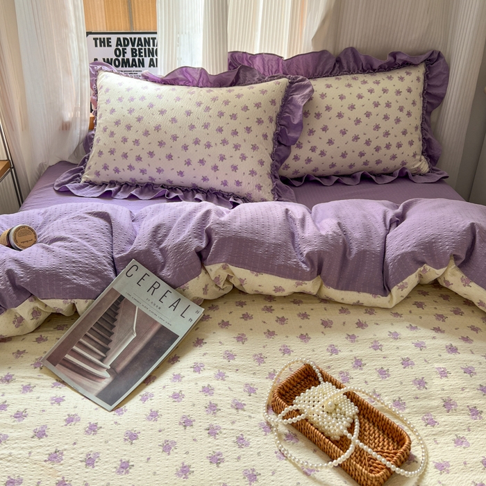 91家纺网 家纺一手货源 找家纺 2026新款泡芙纱花边四件套 紫苏