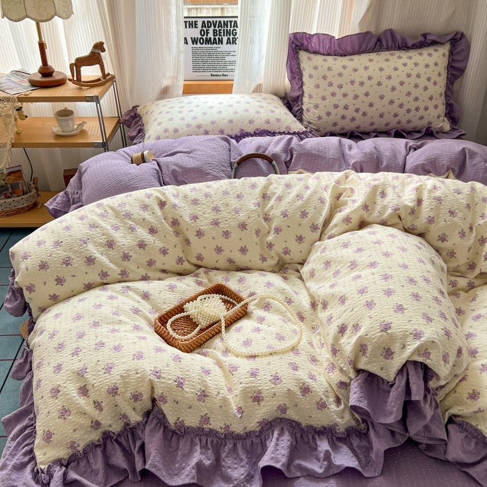 91家纺网 家纺一手货源 找家纺 2026新款泡芙纱花边四件套 紫苏