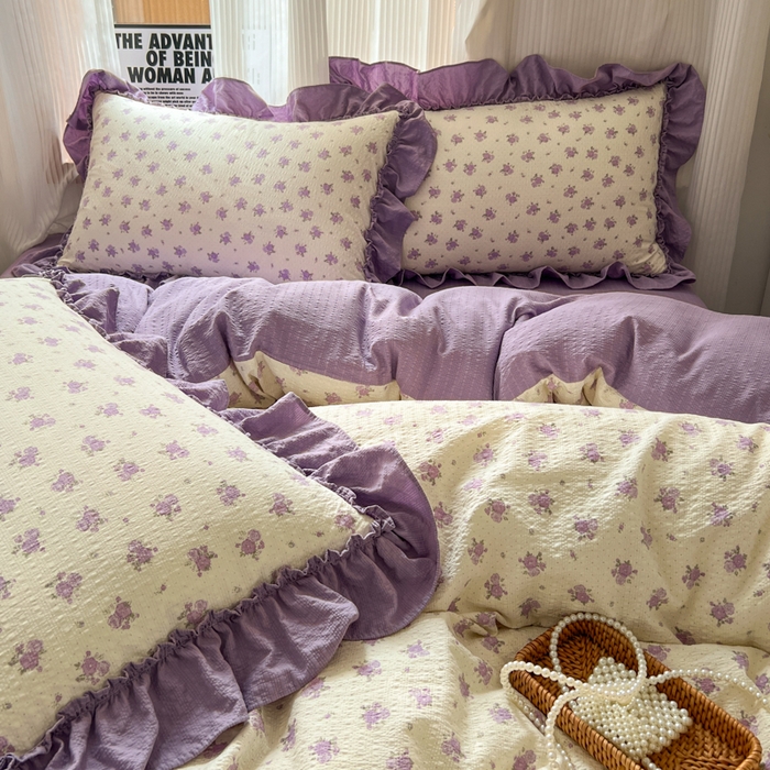 91家纺网 家纺一手货源 找家纺 2026新款泡芙纱花边四件套 紫苏