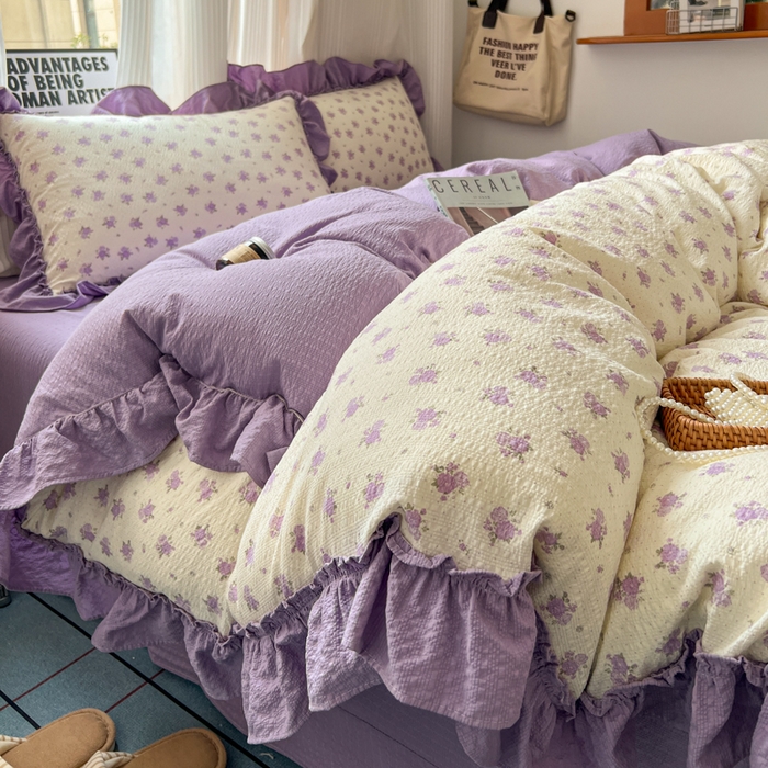 2026新款泡芙纱花边四件套 紫苏