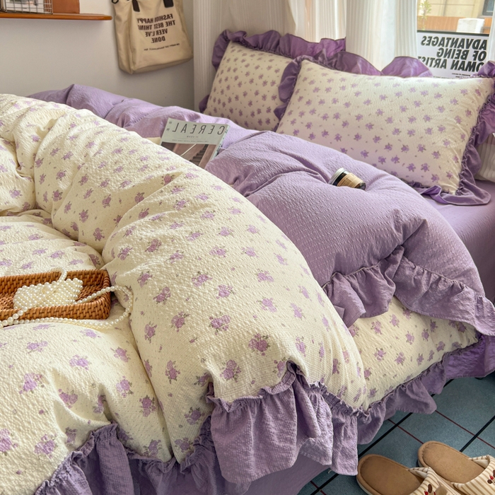 91家纺网 家纺一手货源 找家纺 2026新款泡芙纱花边四件套 紫苏