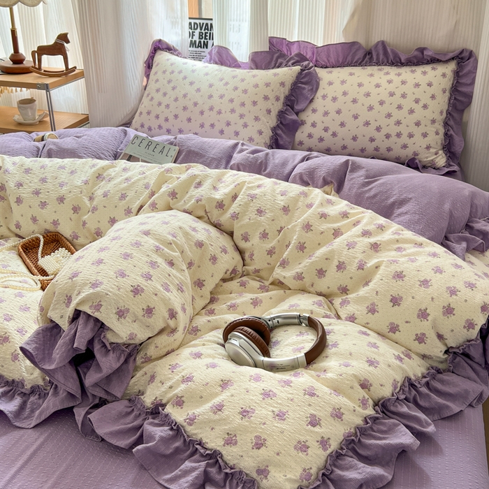 91家纺网 家纺一手货源 找家纺 2026新款泡芙纱花边四件套 紫苏