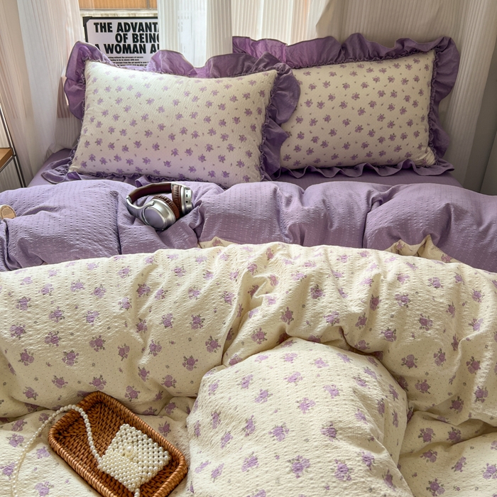 91家纺网 家纺一手货源 找家纺 2026新款泡芙纱花边四件套 紫苏
