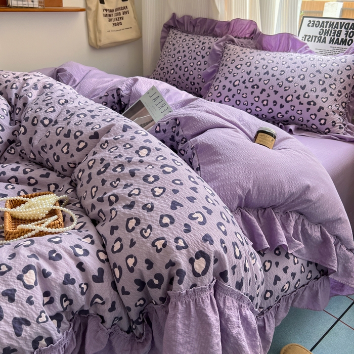 91家纺网 家纺一手货源 找家纺 2026新款泡芙纱花边四件套 紫豹纹