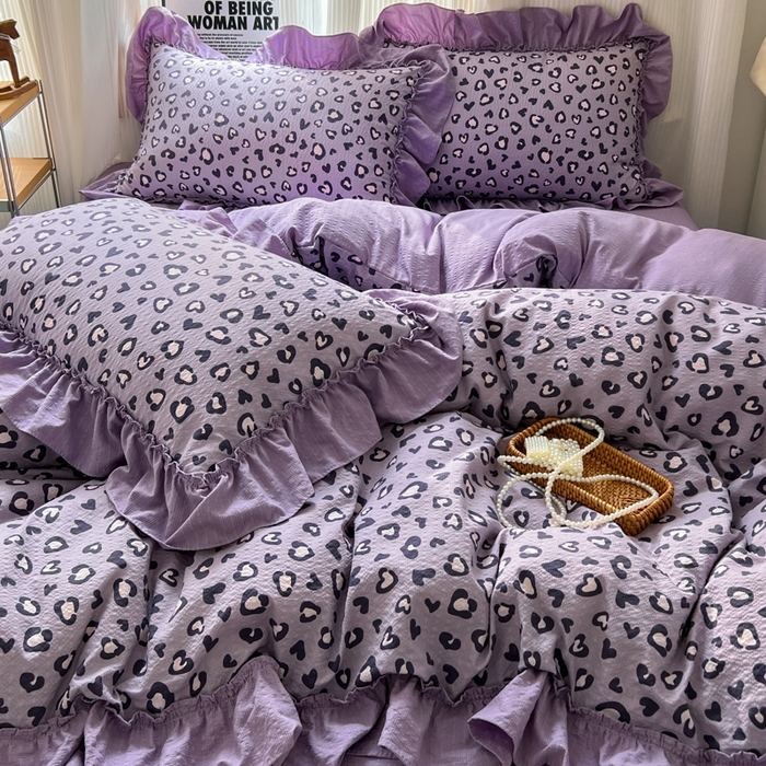 91家纺网 家纺一手货源 找家纺 2026新款泡芙纱花边四件套 紫豹纹