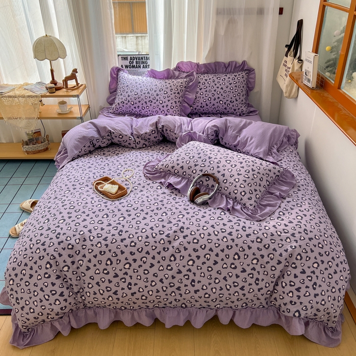 91家纺网 家纺一手货源 找家纺 2026新款泡芙纱花边四件套 紫豹纹