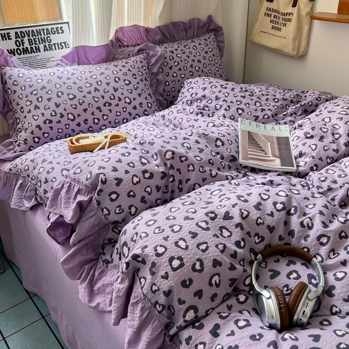 2026新款泡芙纱花边四件套 紫豹纹