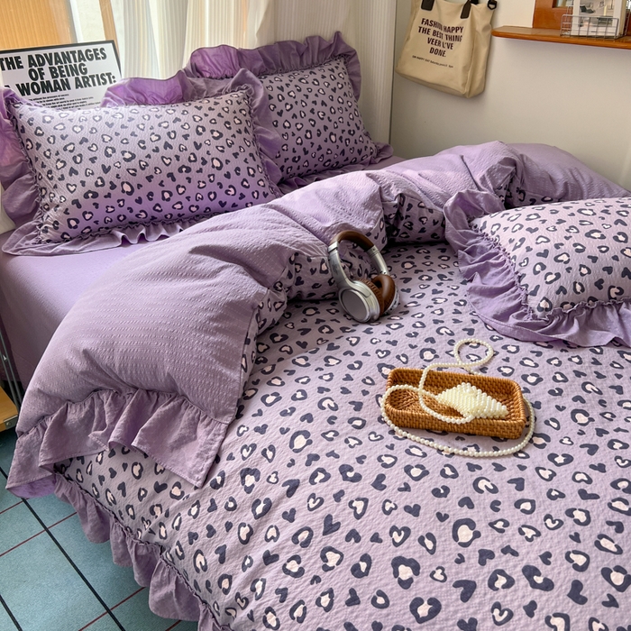 91家纺网 家纺一手货源 找家纺 2026新款泡芙纱花边四件套 紫豹纹