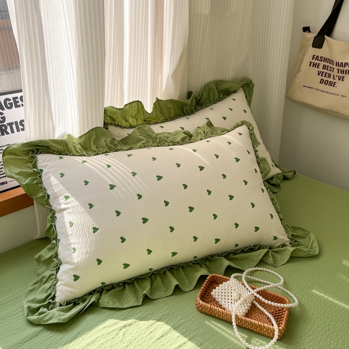 91家纺网 家纺一手货源 找家纺 2026新款泡芙纱花边四件套 绿色心情