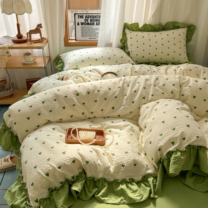 91家纺网 家纺一手货源 找家纺 2026新款泡芙纱花边四件套 绿色心情