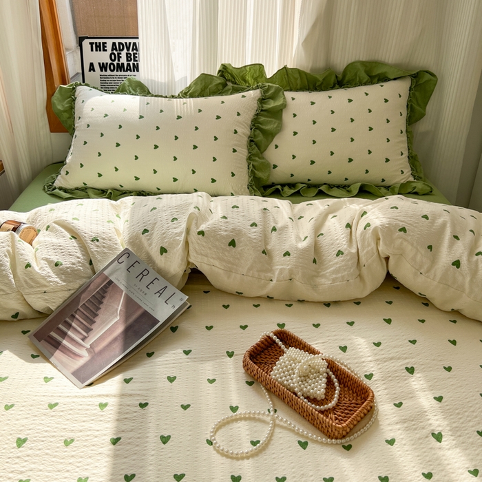 91家纺网 家纺一手货源 找家纺 2026新款泡芙纱花边四件套 绿色心情