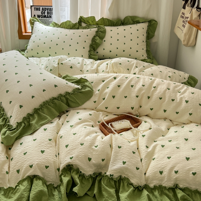 91家纺网 家纺一手货源 找家纺 2026新款泡芙纱花边四件套 绿色心情