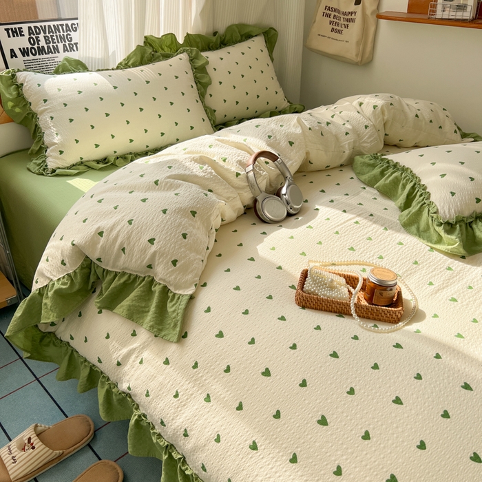 91家纺网 家纺一手货源 找家纺 2026新款泡芙纱花边四件套 绿色心情