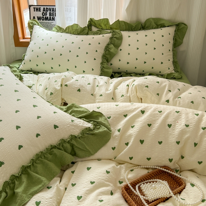 91家纺网 家纺一手货源 找家纺 2026新款泡芙纱花边四件套 绿色心情