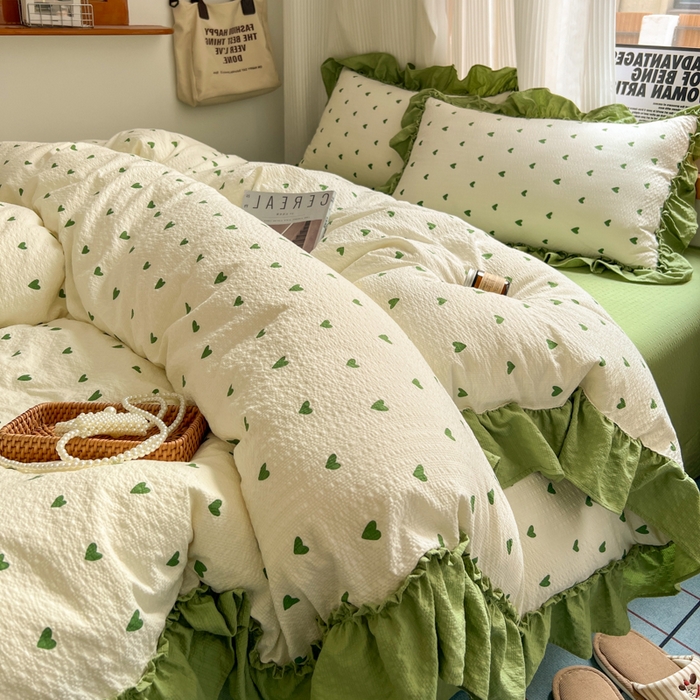 91家纺网 家纺一手货源 找家纺 2026新款泡芙纱花边四件套 绿色心情