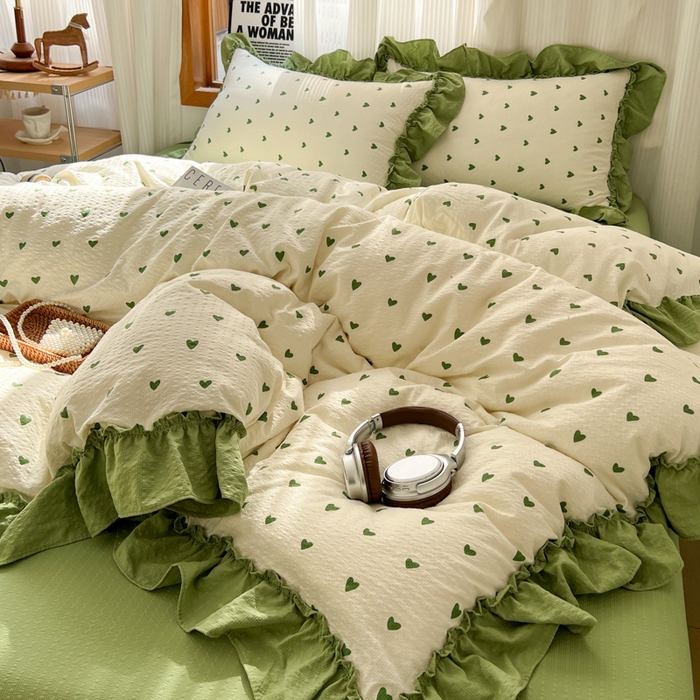 91家纺网 家纺一手货源 找家纺 2026新款泡芙纱花边四件套 绿色心情