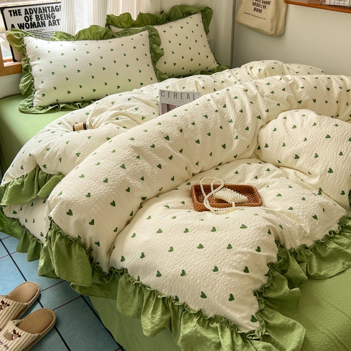 91家纺网 家纺一手货源 找家纺 2026新款泡芙纱花边四件套 绿色心情