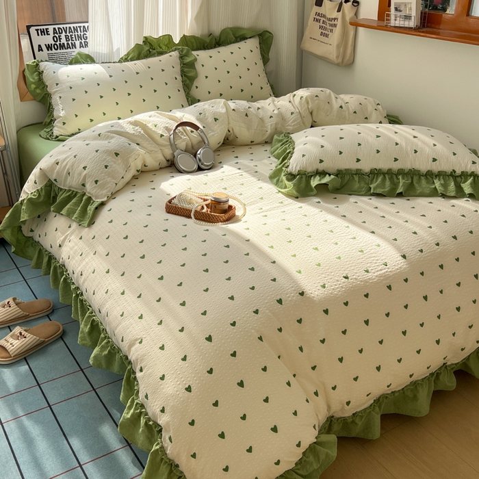 91家纺网 家纺一手货源 找家纺 2026新款泡芙纱花边四件套 绿色心情