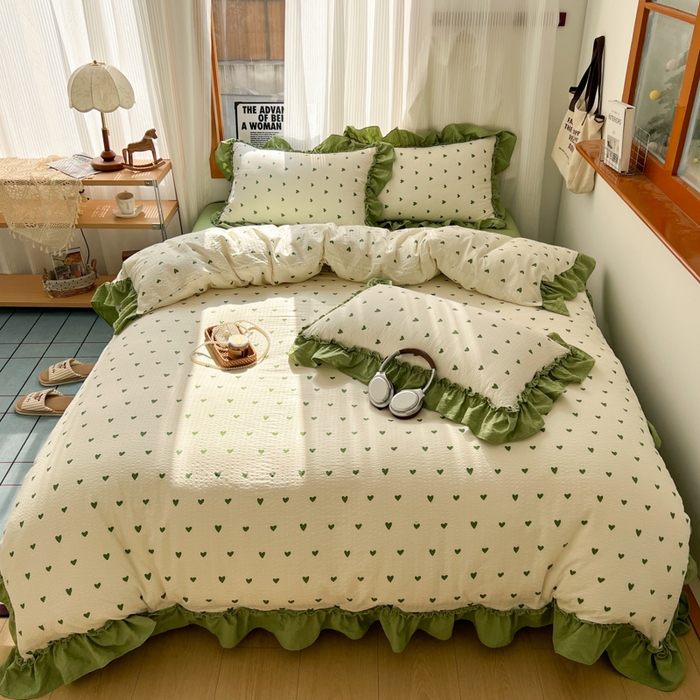 91家纺网 家纺一手货源 找家纺 2026新款泡芙纱花边四件套 绿色心情