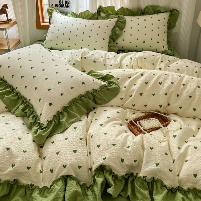 91家纺网 家纺一手货源 找家纺 2026新款泡芙纱花边四件套 绿色心情