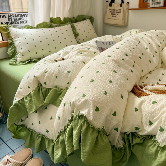 91家纺网 家纺一手货源 找家纺 2026新款泡芙纱花边四件套 绿色心情