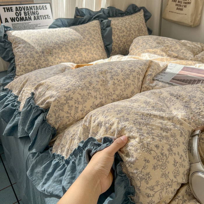 91家纺网 家纺一手货源 找家纺 2026新款泡芙纱花边四件套 花束