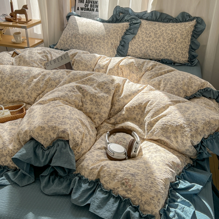 91家纺网 家纺一手货源 找家纺 2026新款泡芙纱花边四件套 花束