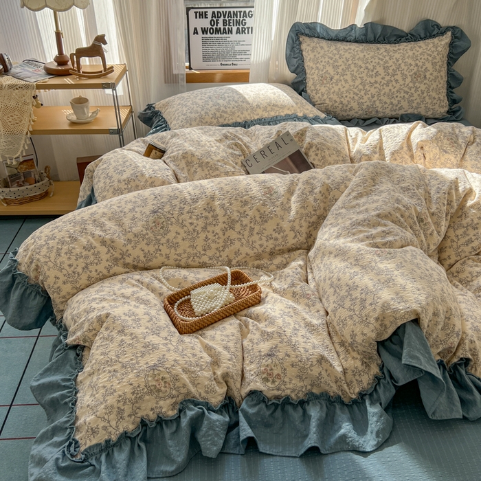 91家纺网 家纺一手货源 找家纺 2026新款泡芙纱花边四件套 花束