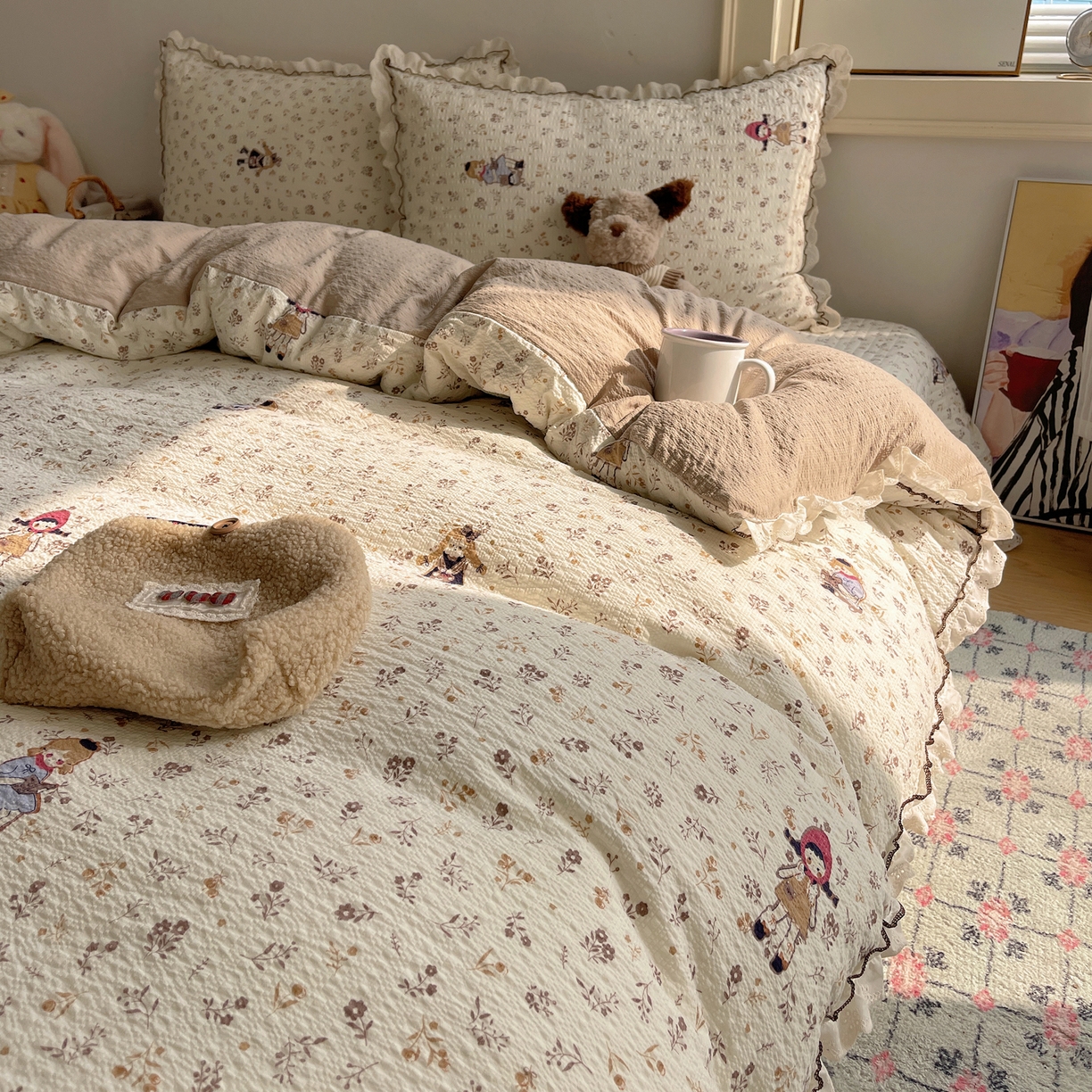 91家纺网 家纺一手货源 找家纺 2026新款泡芙纱床盖四件套 小女孩