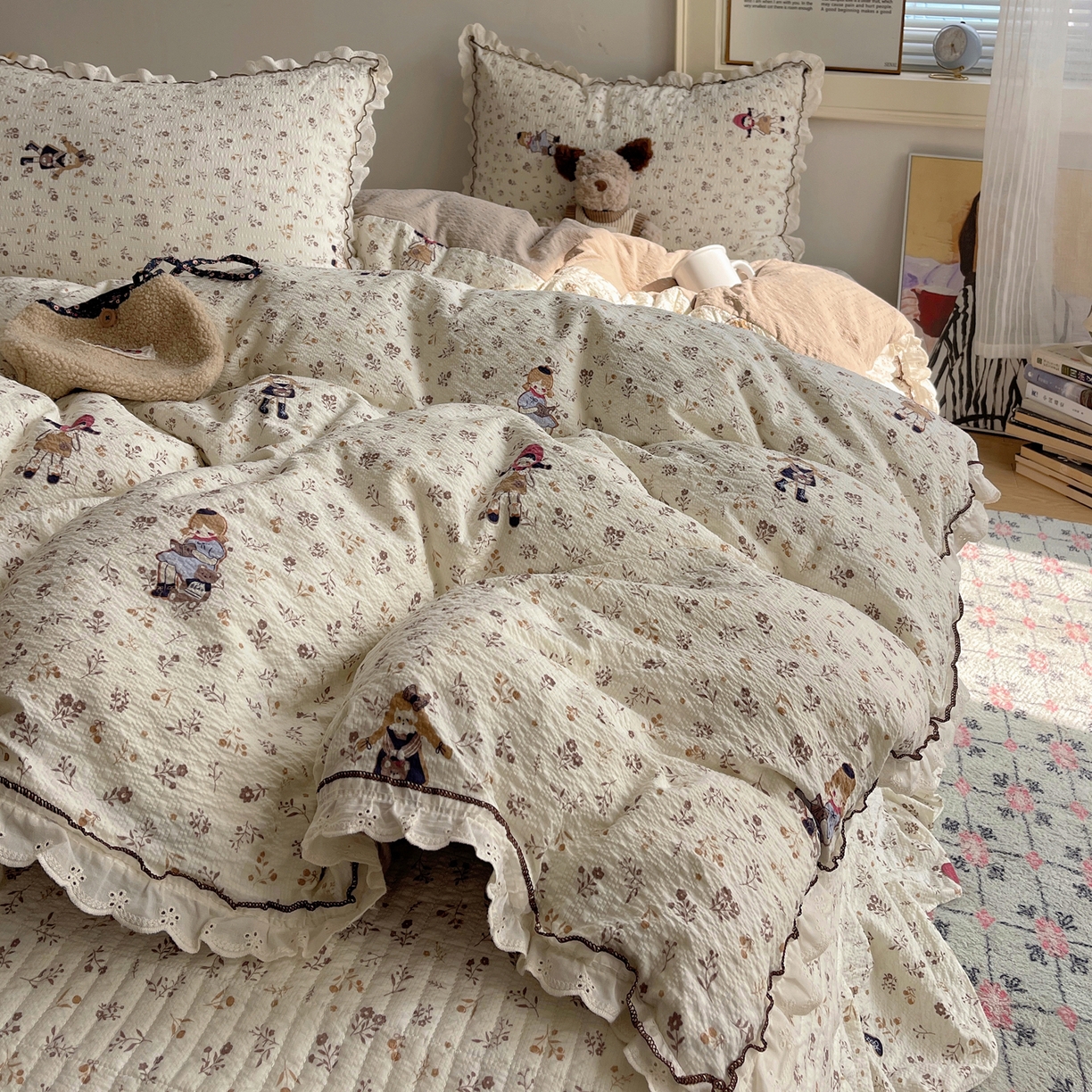 91家纺网 家纺一手货源 找家纺 2026新款泡芙纱床盖四件套 小女孩