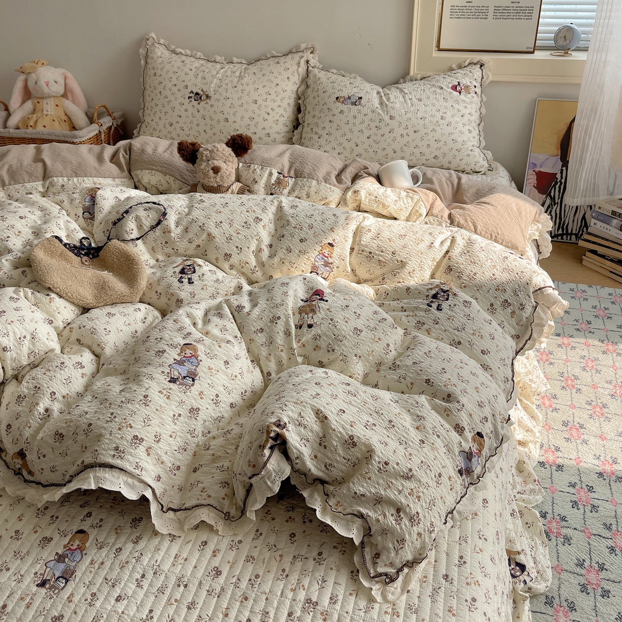 91家纺网 家纺一手货源 找家纺 2026新款泡芙纱床盖四件套 小女孩